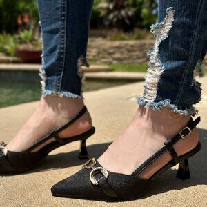 New Black Monogram Pointed Toe Slingback Pump Shoe Low Kitten Heel Gold Horsebit
